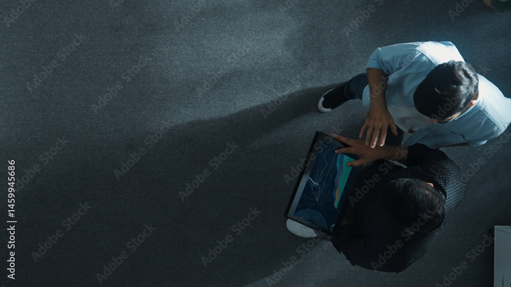 Aufkleber top down view of manager walking to investor while holding tablet and looking at financial statistic