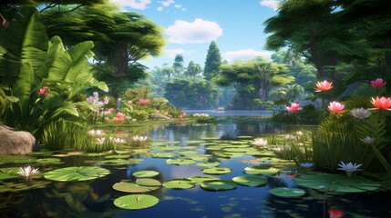 Tranquil pond with lily pads and vibrant flowers surrounded by lush greenery on a sunny day scene