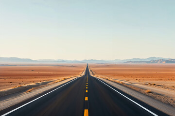 Endless desert road under clear sky in early morning light 