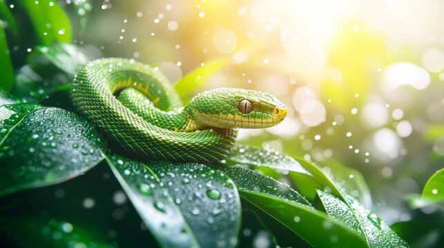 The branch was elegantly encircled by a vibrant green tree python