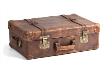 Vintage brown leather suitcase with brass hardware on white background