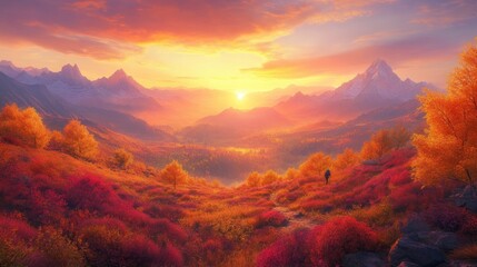 Fototapeta premium Vibrant autumn plateau with a single hiker making their way toward far-off, glowing mountains under a bright, warm sky. Nature at its most beautiful.