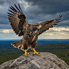 Powerful raptor poised on a rocky outcrop, wings outstretched against a dramatic sky