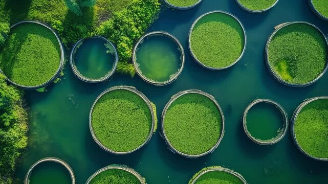 Top-down aerial shot of circular algae cultivation tanks arranged geometrically in emerald water. The vibrant green ponds highlight sustainable aquaculture and clean energy biofuel production systems.