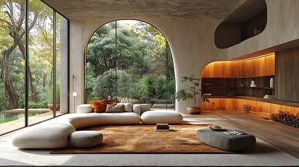 Nature-inspired modern room with warm tones and sculptural forms high resolution image