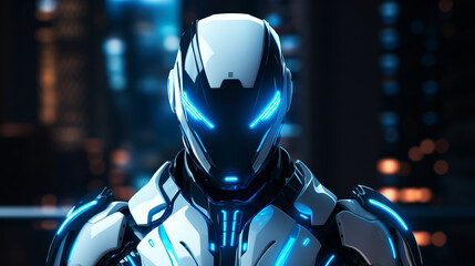 Close up of a futuristic robot with glowing blue eyes and accents against a blurred cityscape