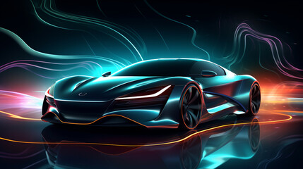 Sleek futuristic car with neon accents and reflections on a dark glossy surface in a dynamic setting