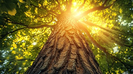 Sunlight streams through lush tree canopy, illuminating thick trunk