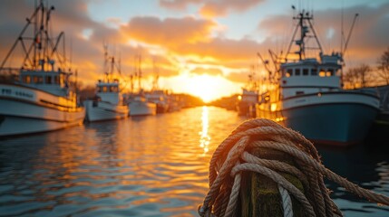 Fishing boats moored in a harbor at sunset.  Golden sunlight illuminates the water and vessels.  A tangle of mooring rope leads the eye