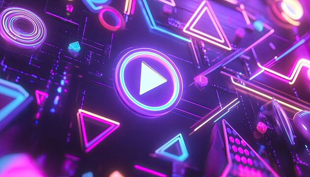 Neon geometric shapes and play button.  Abstract digital art - Powered by Adobe