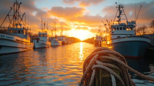 Fishing boats moored in a harbor at sunset.  Golden sunlight illuminates the water and vessels.  A tangle of mooring rope leads the eye - Powered by Adobe