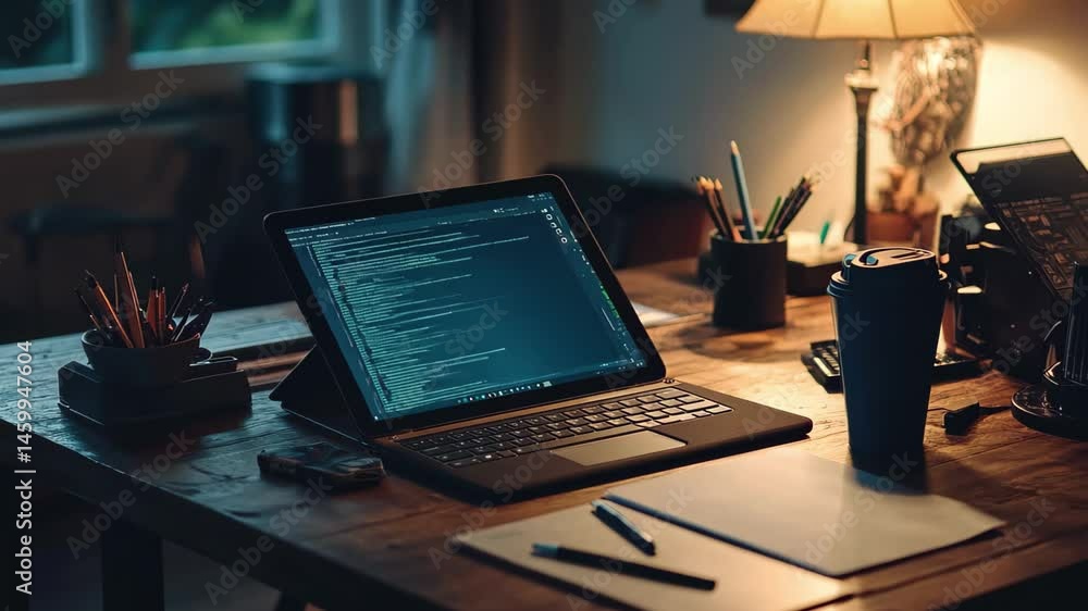 Poster graphics tablet and workspace create a bright focal point on the desk at night, a graphics tablet ri
