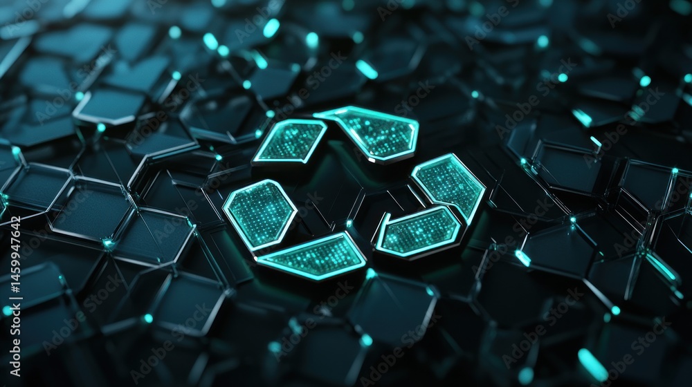 Poster glowing recycle symbol on hexagonal tech background