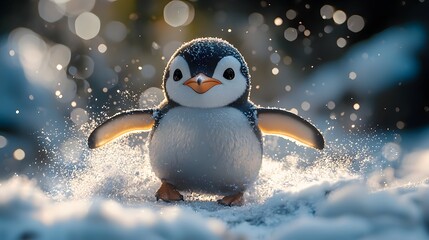 Small snow-covered penguin running through snow with outstretched wings and bokeh lights in the background