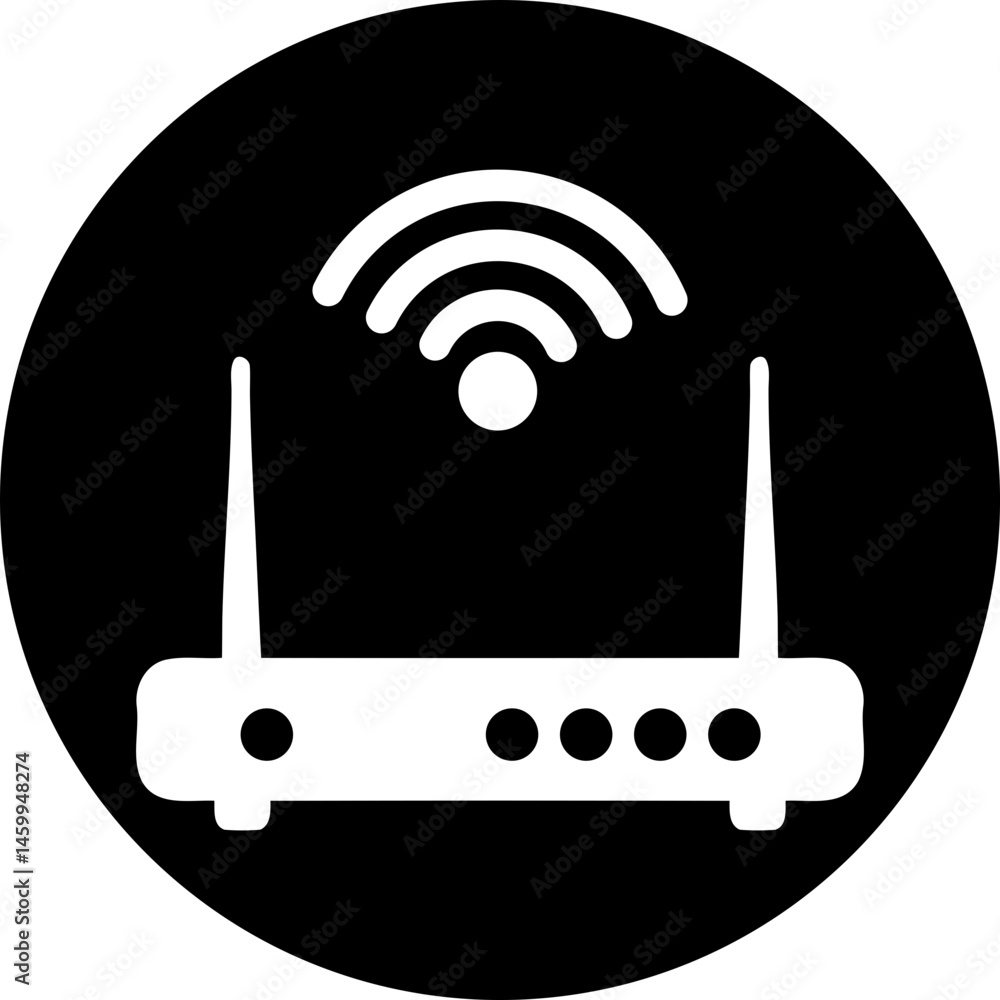 Aufkleber wifi router icon in black circle white/transparent wireless network symbol on black background inter