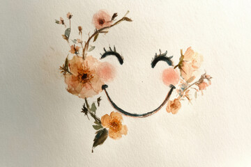 minimalist child face design using flowers and branches on a white background. cute and artistic smiley face