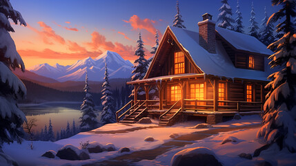 A cozy cabin nestled in a snowy landscape with mountains and a vibrant sunset in the background