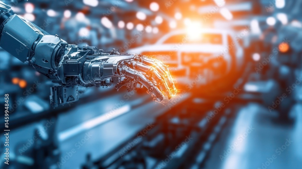 Poster robotic arm interacting with vehicle in factory setting