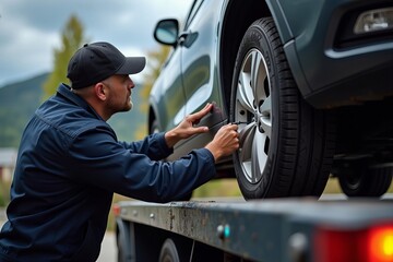 Mechanic carefully securing car onto towing truck in close-up shot.