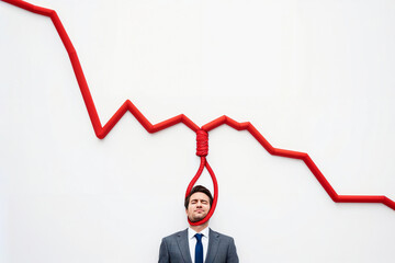Economic Downturn Risk. Businessman facing crisis due to a falling economic graph shaped like a noose. Symbolizes financial distress, recession, bankruptcy, failure.