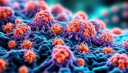Microscopic view of cancer cells, detailed 3D medical illustration of tumor growth on tissue surface
