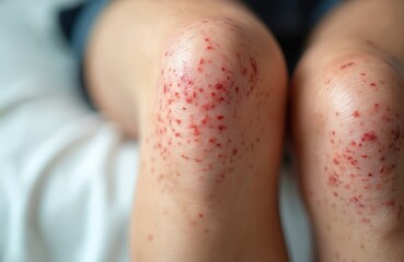Close-up of young woman legs with pillar keratosis. Skin condition with red spots. Detail shot of dermatology issue requiring treatment. Health, beauty, medical issue closeup.
