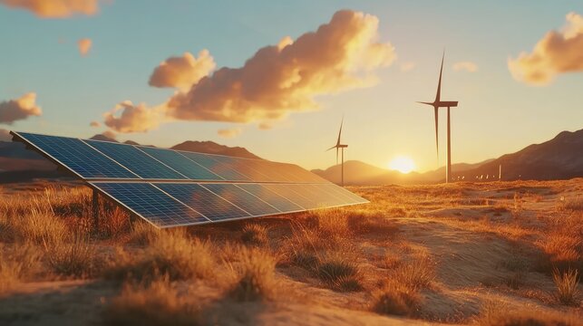 Solar panels and wind turbines in a desert landscape at sunset - Powered by Adobe