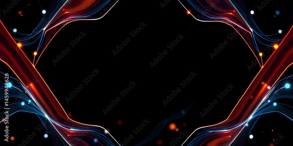 Aufkleber abstract black background with red and blue glowing lines and dots forming a frame shape