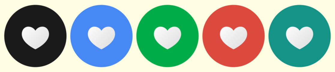 Round colored heart buttons. Like icons. Like buttons set	