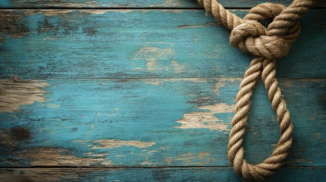 Rope Noose on Blue Wood Background