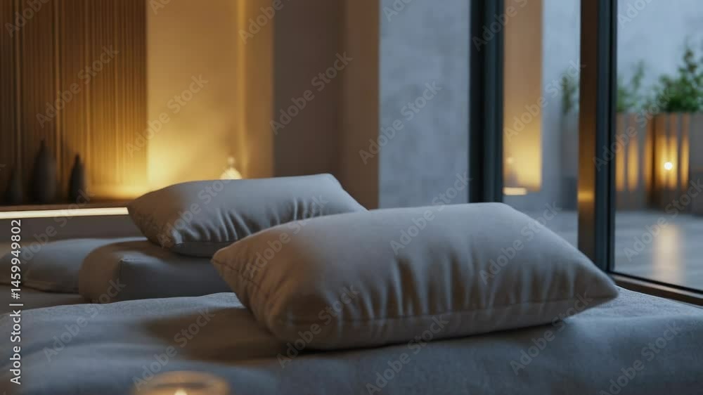 Poster a pair of soft and fluffy pillows sitting on top of a bed, ready for use