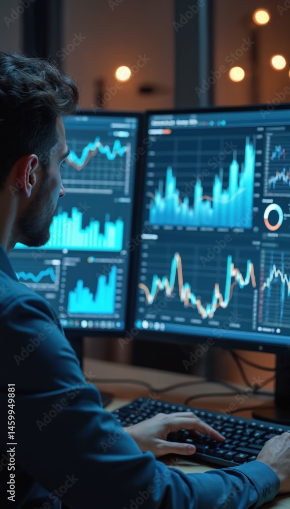 Fototapete analyst evaluates financial charts, business consulting cost analysis, profit maximization. man work