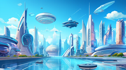 Futuristic city with flying vehicles and sleek buildings under a bright blue sky and clear water view