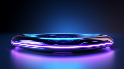 Illuminated futuristic platform with neon lights glowing in blue and purple tones on a dark background