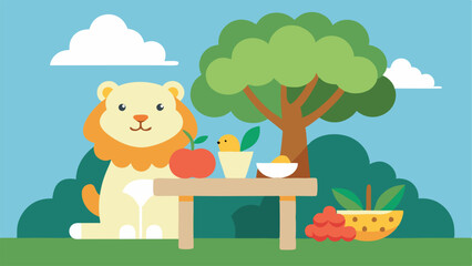 Table Setting The lion and the lamb sit together at a picnic table under a tree with leafy branches. A spread of fruits and vegetables is laid out before them. The lion depicted