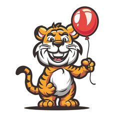 Obraz premium Cute Cartoon Tiger Holding Balloon Isolated on Transparent Background