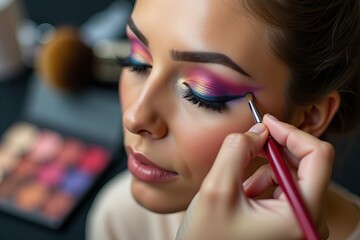 Vibrant and Colorful Eyeshadow Application by a Makeup Artist: Close-up Capture of Skillful Hands at Work, with Blurred Brushes and Palettes in the Background