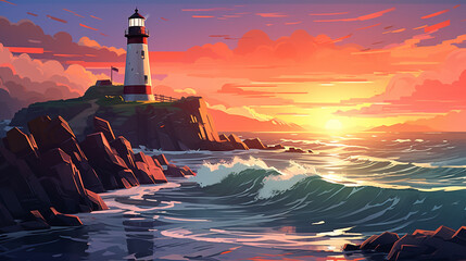 A lighthouse on a rocky coast at sunset with waves crashing against the shore and colorful sky above