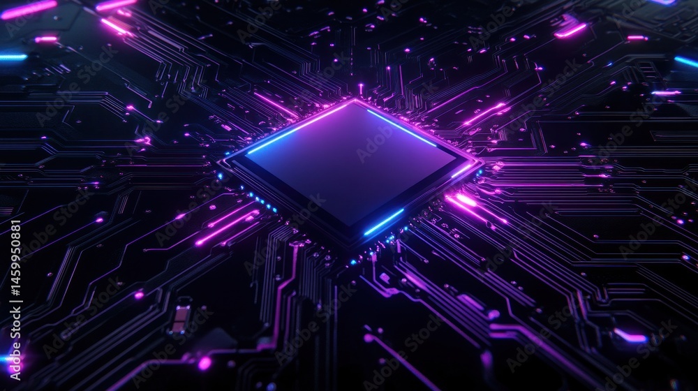 Poster neon circuit board with glowing processor technology background