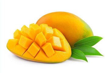 High resolution detailed photograph of a fresh halved juicy mango isolated on a pristine white background