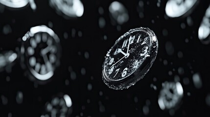 Time flies; multiple clocks in mid-air, suggesting the passage of time.  Water droplets surround them, highlighting the ephemeral nature of moments