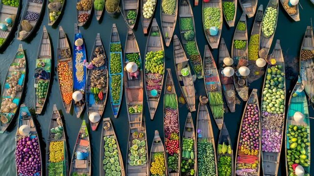Aerial view of colorful Vietnamese floating market boats packed with vibrant fresh produce video