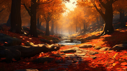Autumnal forest path with golden leaves and a small stream running through the landscape painting