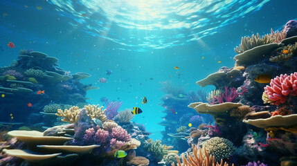 Underwater scene showcasing a vibrant coral reef with diverse fish and sunlight filtering through water
