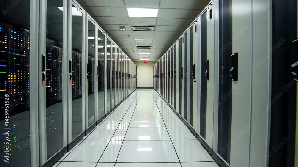 Poster data processing in a large server room highlighting advanced technology and infrastructure, data pro