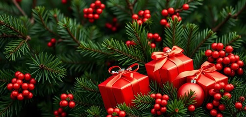 Obraz premium Vibrant red gifts nestled in lush pine branches against a rich green backdrop, background, classic