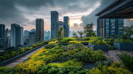 Obraz premium Verdant rooftop garden atop modern city buildings.