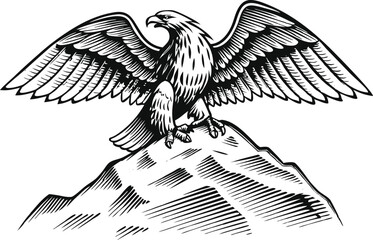 Highly detailed engraving of an eagle with wings spread, perched on a rock with mountain background in dramatic vintage fine line style

