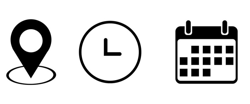 Set of time, date and address icon set. Clock, calendar, location pin. Vector illustration isolated on transparent background.