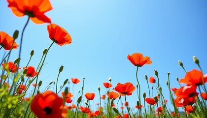 Obraz premium Vibrant red poppies bloom in a sun-drenched green meadow against a clear blue sky, closeup, vivid